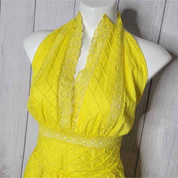 Vintage Handmade Yellow Lace Halter Maxi Dress Summer Cottagecore, sz Medium - Picture 1 of 5